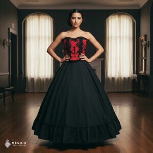 Traditional Mexican Embroidered Corset & Black Skirt Set – Handmade Floral Dress
